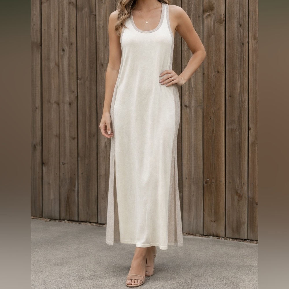 Sleeveless Knit Maxi Tank Dress in Cream and Taupe NWT